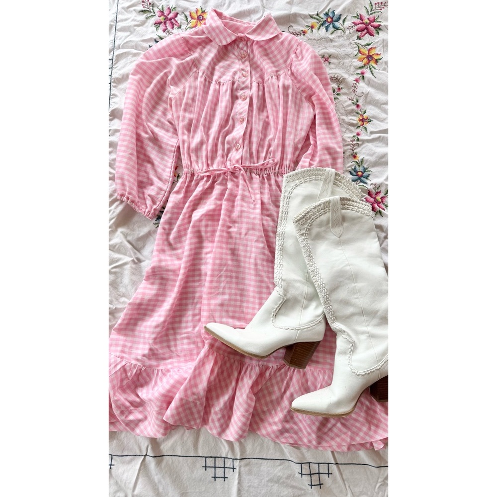 70s vintage country day dress in pink gingham